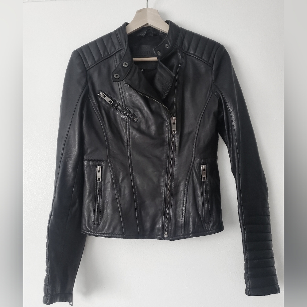 Bershka casull wear Sheep Leather Black Moto Jacket Womens Sz S - Picture 2 of 16